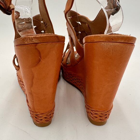 Frye Brown Leather Corrina Strappy Weave Wedge Platform Heels Size 8 - Picture 3 of 10